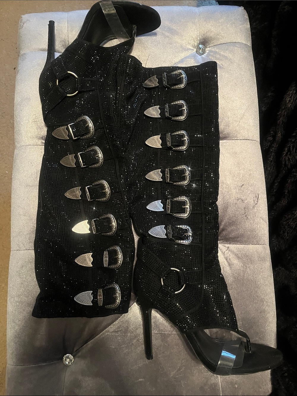 Cape Robbin Black Glitter Buckled Knee-High Stiletto Boots